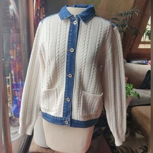 Tribal Jeans Knitted Sweater Jacket XS/S Cable Knit Denim Trim Boho Cottagecore